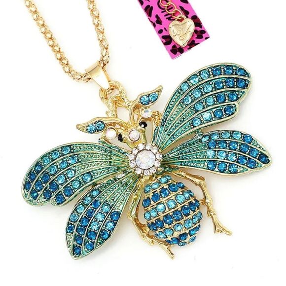 Blue Enamel Crystal Cute Bee Honeybee Pendant Sweater Necklace NWOT - Picture 1 of 2